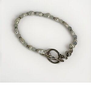 Bracelet Rice Pearl And Aquamarine Dainty Silver Tone Handmade Artisan Jewelry